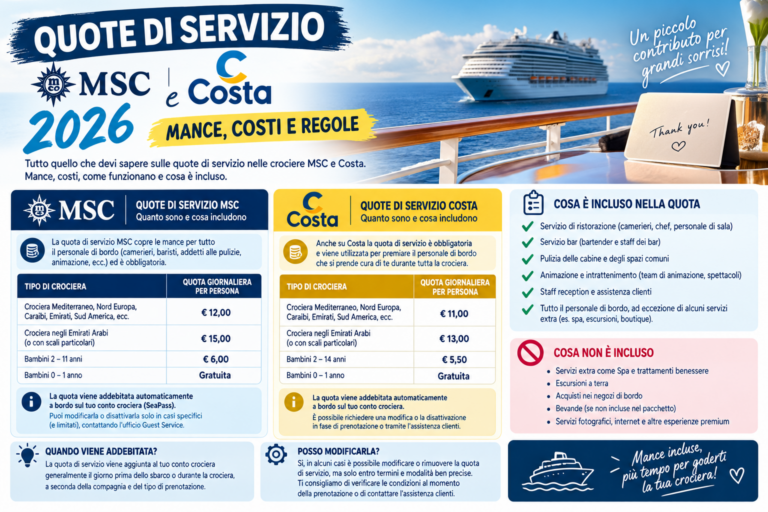Quote di Servizio MSC e Costa 2026 Mance, Costi e Regole